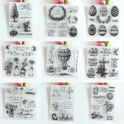 Easter Bunny, Eggs, Hot Air Balloon, Cross, Flower Basket, Butterfly Transparent Stamps, Scrapbooking, DIY Decorative Materials, Handmade Card Decorations