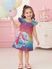 Young Girls Casual Gradient Cartoon Mermaid Print Cap Sleeve Dress - Multicolor - View 4
