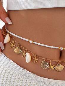 2pcs Bohemian Faux Pearl Pearl, Shell, Starfish Pendant Waist Chain Set, Suitable For Beach, Vacation, Casual Wear - Gold - View 4