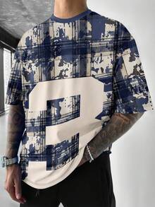 Men's Retro Distressed Plaid Round Neck Short Sleeve Loose Fit Numeric Print T-Shirt - Multicolor - View 4