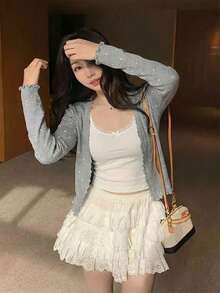 优雅休闲甜美纯街头风女式长袖V领开衫毛衣，适合18-35岁女性 - 灰色底白色波点，荷叶边装饰，轻盈舒适，适合春秋季日常穿着、约会、办公和周末聚会。 - 灰色 - 查看 5