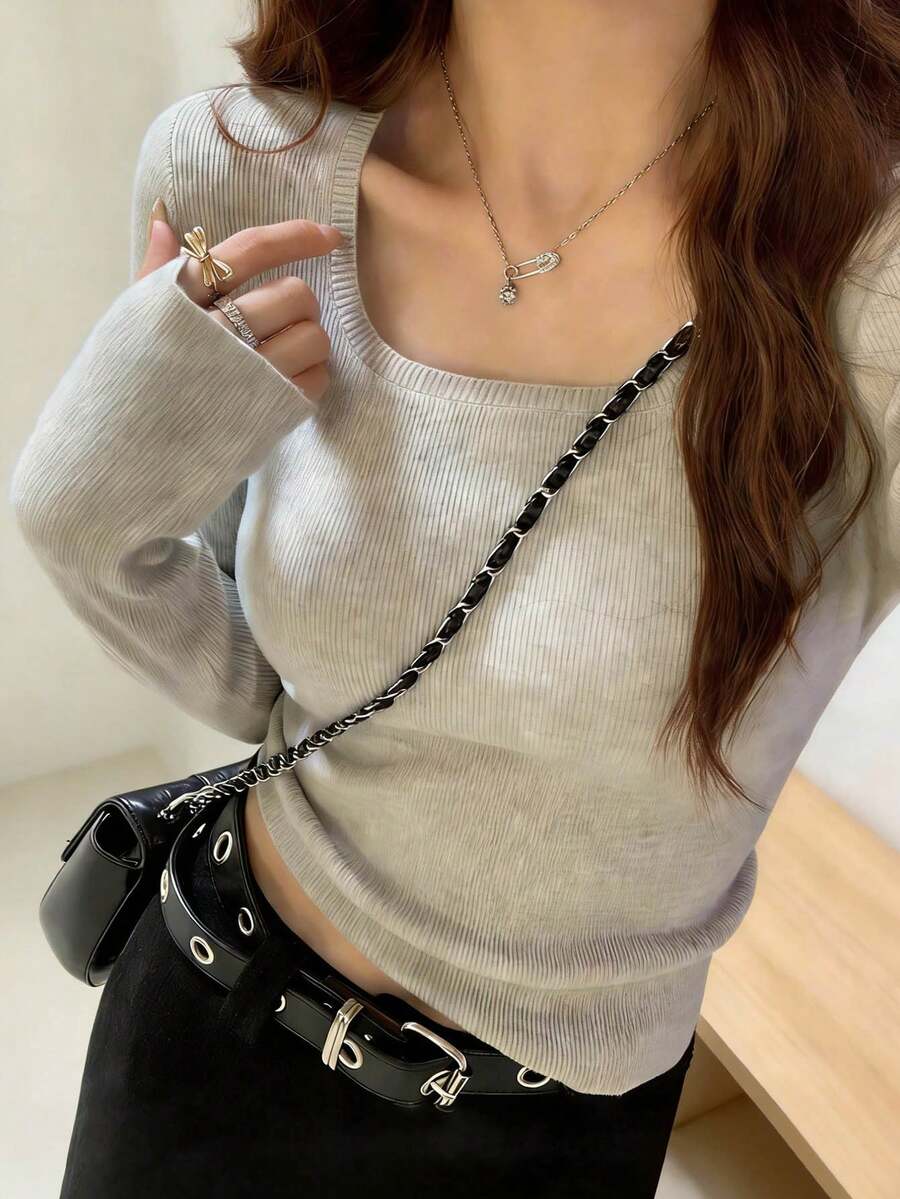 Square Neck Long Sleeve Knit Sweater, Slim Fit Base Layer Top For Autumn/Winter Spring