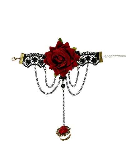 1pc Women's Punk Style Lace Wrist Vintage Gothic Halloween Rose Flower Integrated Chain Bracelet & Ring Decor