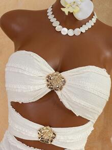 Women's Summer Textured Fabric Ruffle Trim Cover-Up - Beige - View 2