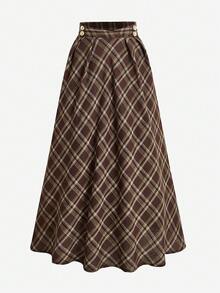 女士优雅高腰格子复古百褶A字裙，适合通勤和日常穿着，春秋季 - 咖啡棕 - 查看 2