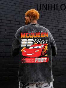 Disney Lightning McQueen 95  Printed Summer Heavyweight Retro Washed Street Fashion Casual T-Shirt - màu đen - Xem 3