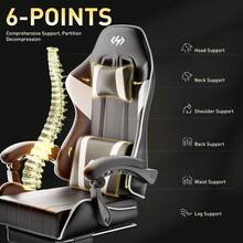 HLDIRECT Gaming Chair, Ergonomic Computer Office Chair With Lumbar Support Footrest Headrest, Adjustable Height & Backrest Angle Video Gamer Chair, PU Leather, 360° Swivel, Adult,Black And White - 黑與白 - 查看 6