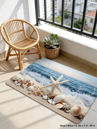 1 件装夏季海滩海星贝壳图案地垫，将治愈的海滨氛围带入室内。高清 3D 打印技术逼真地再现了海浪、沙滩、海星和贝壳的自然景象，仿佛漫步在柔软的沙滩上。适用于门垫、小地毯、迎宾垫、地垫、户外门垫、厨房地毯、家居装饰、前门垫、区域地毯、户外垫、家居装饰、区域地毯、花园地毯、可水洗地毯。