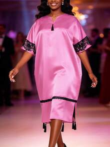 African Pink Satin V-Neck Loose Tassel Lace Fitted Dress, Shiny Church Formal Occasion Dress - Pink - View 1