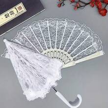 2件套蕾丝伞和蕾丝塑料扇婚礼配饰套装，欧式新娘伞，户外婚礼装饰伞扇套装，最佳礼物，婚礼摄影道具，适合婚礼和舞蹈表演；白色新娘扇，白色折叠扇，大型手持扇，适合单身派对和婚礼装饰 - 彩色 - 查看 6