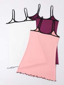 3pcs/Set Women's Spaghetti Strap Nightgown, Polyester Knit Fabric, Fashionable Thin Nightdress Sleepwear, Spring/Summer - Multicolor - View 6