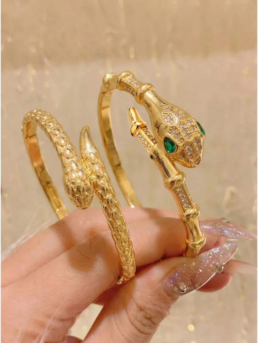 2/1pc Golden Jewelry Set, Stylish And Graceful Stainless Steel Bangle, Crafted For Joyful Dating, Dynamic Party Events, Daily Campus Commutes, And Warm Gifting, With A High-Gloss Polished Surface That Delivers A Sleek And Modern Look, Featuring Two Slim Open Bangles With Distinct Snake Details, Non-Fading And Easy To Maintain, Perfect For Fashion-Loving Students To Enhance Their Style In Classroom, Library Or Party Settings - Gold - View 1