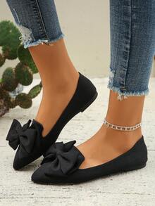 大码时尚新款舒适软底尖头蝴蝶结女士平底一脚蹬鞋，黑色芭蕾舞鞋，优雅女士鞋，适合春夏日常、通勤、办公、休闲、户外等各种场合，四季皆宜的软底鞋，母亲节礼物 - 黑色布面細紋 - 查看 3
