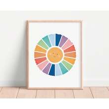 1幅水彩太阳图案帆布海报，彩虹主题房间墙面装饰画，水彩幼儿园版画帆布画，幼儿园墙面装饰画，太阳主题墙面装饰画，女孩房装饰，卧室装饰，可选画框 - 彩色 - 查看 8