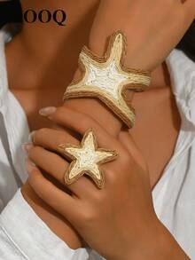 1 Set Of 2pcs Handmade Raffia Starfish Bracelet And Ring Set, Bohemian Beach Style Fashion Adjustable Starfish Bangle And Ring Jewelry Set, Suitable For Women Daily, Vacation, Party, Mother's Day Gift For Lover And Friend - Khaki - View 1