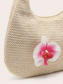 女士新月形草编单肩沙滩包，饰有蝴蝶花朵，轻便简约时尚，适合通勤和外出。 - 杏色 - 查看 5