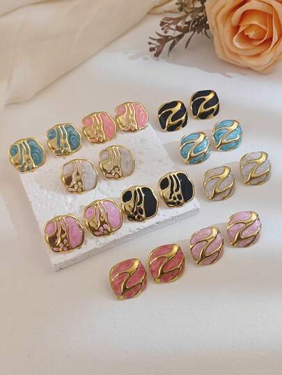 Fresh Versatile Stainless Steel Stud Earrings For Wonmen Oil-Drop Colored New Design With Bezel Setting Geometric Pattern Enamel Earring Daily Jewelry