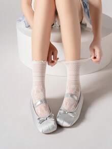 1/3/6 Pairs Women White Lace Hollow Out Socks, Heart Pattern Mid-Calf Socks, Sweet Lolita Style Socks, Straight Tube Socks Without Heels - White - View 6