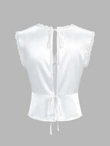 Womens Satin Lace Trim Tank Top Back Tie Up Deep V Neck Open Back Silky Camisole Vest Shirt Summer Sleeveless Backless Y2K Fairy Going Out Crop Tops Blouse Coquette Aesthetic Clothes Party Club Streetwear - Trắng - Xem 8
