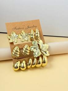 6-14pcs/Set CCB Flower & Water Drop Multi-Style Earrings, Suitable For Parties, Travel, Holidays, Gifts, Parties, And Casual Daily Wear - Gold - View 2