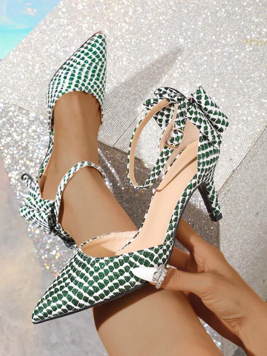 Green And White Contrast Pointed Toe Hollow Out Stiletto High Heel Shoes For Women - Green and White Stripes 1 - View 1