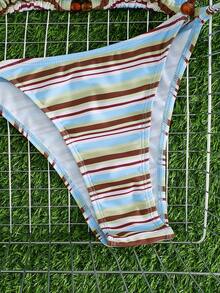 Model Bikini Segitiga dengan Tali Bahu Tipis dan Pita, Motif Garis-garis Kontras Warna, Gaya Eropa dan Amerika untuk Wanita, Cocok untuk Liburan Pantai dan Musim Panas. - Baby Blue - View 8