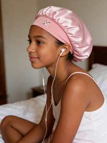 1顶儿童光滑缎面字母睡帽，时尚舒适，透气防滑，日常护发帽 - 粉色 - 查看 2