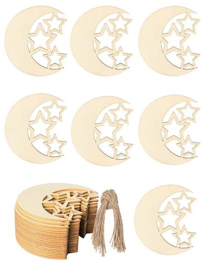 20 件套空心木质月亮和星星，可用于开斋节装饰、古尔巴尼节装饰、木质礼品包装标签、DIY 手工艺品、婚礼、生日派对、斋月装饰、开斋节礼物、节日礼物、绘画用品、星月木片、节日礼品标签、家居装饰、节日餐桌装饰、派对布置家居装饰节日礼物。