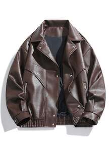 1pc Men's Brown Fashionable Loose Retro American Motorcycle PU Leather Lapel Jacket - Brown - View 1