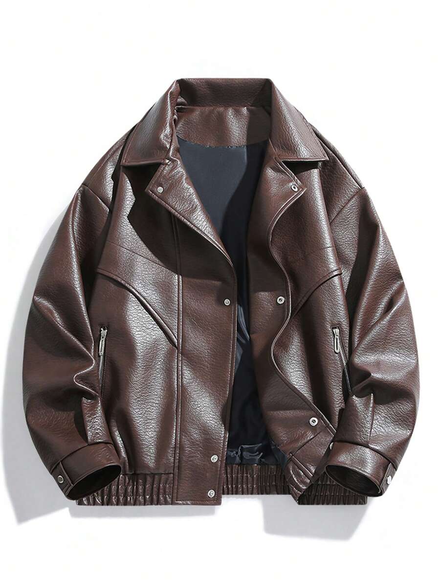 1pc Men's Brown Fashionable Loose Retro American Motorcycle PU Leather Lapel Jacket - Brown - View 1
