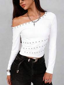 Áo croptop trắng nữ mùa xuân/hè, phong cách punk gợi cảm thời trang, áo trắng trễ vai/áo thun trắng đính dây bện đinh tán kim loại/áo thun trắng dài tay ôm sát, thích hợp cho các lễ hội âm nhạc, lễ hội hóa trang, tiệc tùng, chụp ảnh đường phố, hộp đêm, trang phục thường ngày ở trường đại học. - trắng - Xem 6