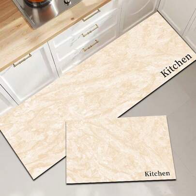 1 pieza Alfombra de gel de sílice para piso de cocina, con una textura de mármol natural delicada sobre una base beige claro, que presenta un patrón de piedra falsa minimalista y elegante. Adecuado para la cocina, el baño, la entrada, la lavandería, el dormitorio, la sala de estar y otros escenarios de decoración.