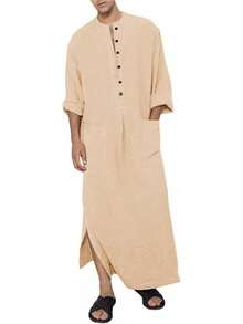 Men's Long Sleeve Cotton Robe Kaftan For Beach Casual Wear - 01-màu kaki - Xem 5
