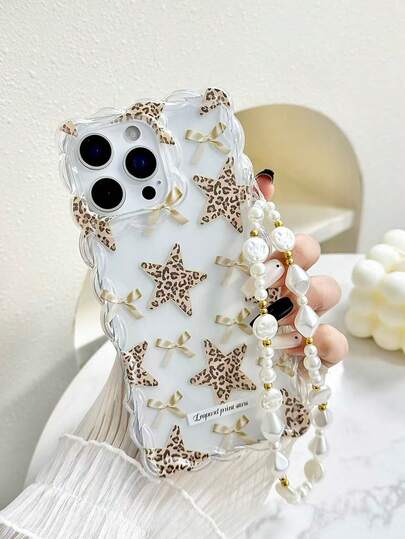 Braided Wavy Edge Minimalist Elegant TPU Leopard Print Star Bow Painting Shockproof Phone Case With Handmade Beaded Bracelet Accessory, Compatible With IPhone 17pro/17Air /17/17promax 16/11/16pro/16plus/16promax/16e/15Promax/13/14/12/XS/XR/7G/8PXR /7/8, 15Promax, 13, 14, Soft Protective Case