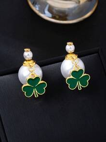 1 Pair 18K Gold Plated Copper Cubic Zirconia Asymmetric Heart & Star Earrings, Faux Pearl, Elegant Gift For Women, Mother's Day, Christmas - White - View 13