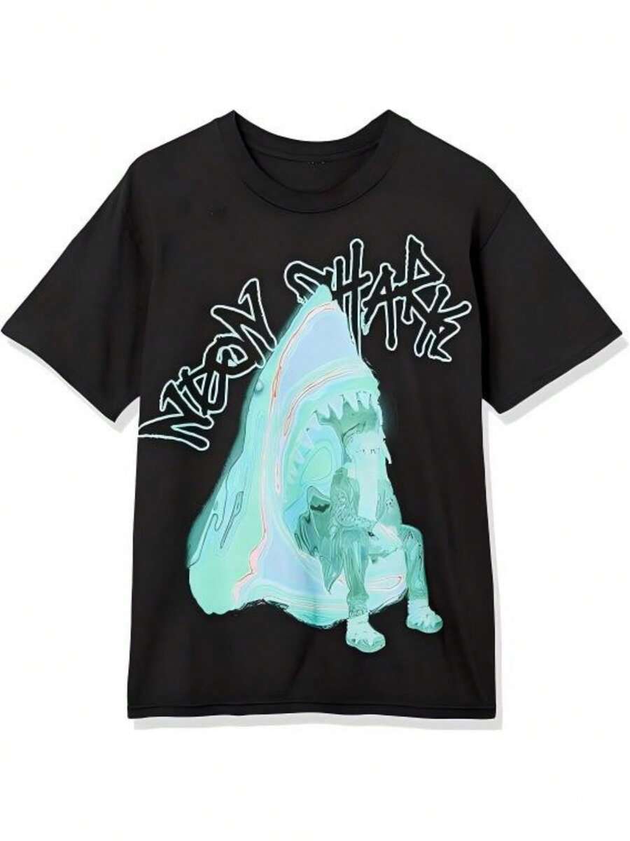 Trippie Redd Unisex-Adult Neon Shark Airbrush TeeT-Shirt - màu đen - Xem 1