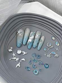 50件海洋系列美甲装饰套装，50件白色/蓝色/极光海洋主题3D海星美甲水钻美甲用品，贝壳海星海豚鱼尾美甲宝石，女士DIY美甲用品 - 彩色 - 查看 5