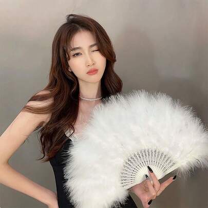 1个手持可折叠羽毛配饰，女士成人服装装饰，万圣节茶会羽毛手扇，角色扮演道具，节日用品