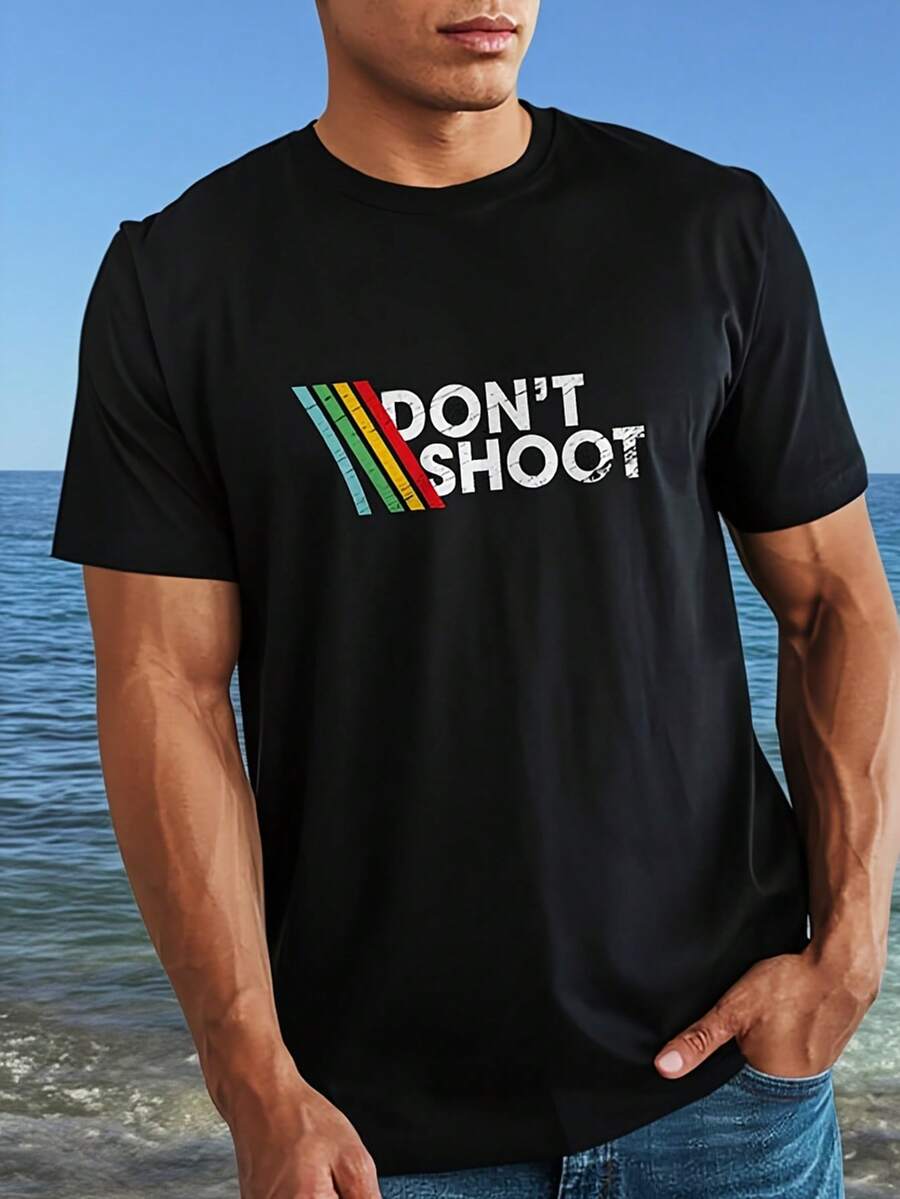 Camiseta con el tema del juego Don't Shoot | Camiseta Vintage con Humor Arcade | para Entusiastas de Videojuegos | Rayas Retro Desgastadas | Cuello Redondo, Estilo Clásico, Suave y Cómodo, Unisex, Camiseta Coleccionable - Negro - Ver 1