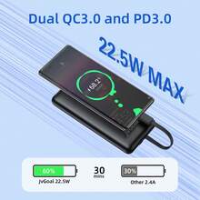 10000mAh Fast Charging Power Bank With Built-In Cables, 22.5W PD & QC Portable Charger, LED Digital Display, Multi-Device Compatible Travel Battery Pack - Black - View 3