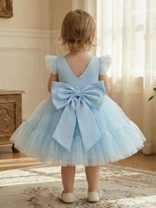 Baby Girls Blue Cap Sleeve Wedding Flower Girl Tulle Dress With 3D Bow Decor, Elegant Party Princess Dress Suitable For Baby's 1st Birthday, Party, Formal Occasion, Wedding - 藍色 - 查看 5