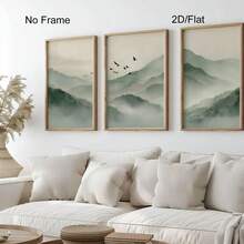 Japandi Sage Green Wall Art Set Of 3, Minimalist Japanese Mountain Landscape, Birds Zen Office Decor, Japanese Minimalist Landscape Poster For Home Decoration, No Frame - Landscape - View 3
