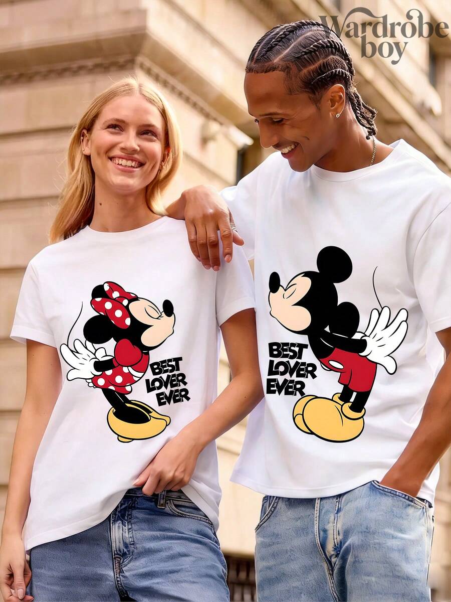 1PC Disney Printed T-Shirt,Mickey And Minnie Couple Outfits T-Shirt,Unisex,High-Quality Pure Cotton T-Shirt,Suitable For All Seasons, Comfortable And Breathable| Exquisite Design | The Best Choice For Giving Gifts - 女款白色2 - 查看 1