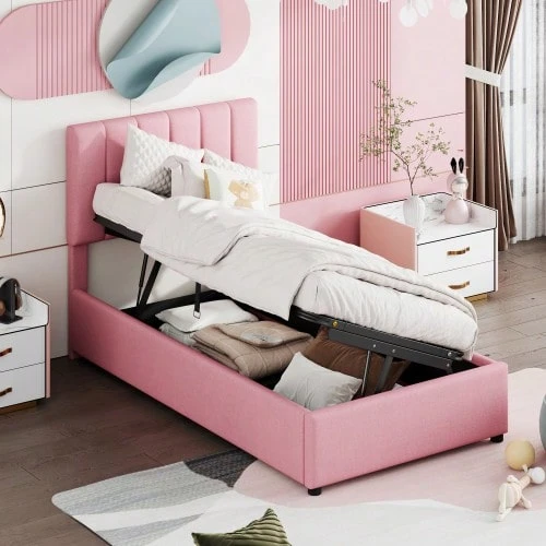 Upholstered Children's Bed 90x200 Cm, Hydraulic Storage Bed, Soft Linen Loft Bed, Pink - Rose Red - View 1