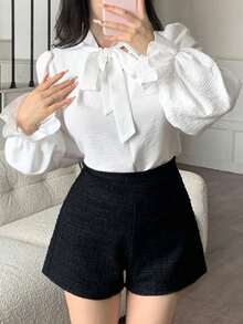 abyoxi 女士白色V领蝴蝶结领长袖休闲办公衬衫，秋冬款 - 白色 - 查看 1