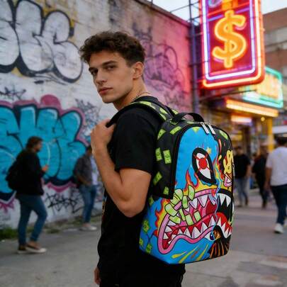 1pc Graffiti Street Graphic Backpack For Men, Lightweight Printed Backpack, Fashionable Commuter Bag, Large Capacity Travel Bag, Adjustable Shoulder Strap, Suitable For Teenagers, Back To School, Valentine's Day Gift, Gift For Friends Or Men, Interesting Gift