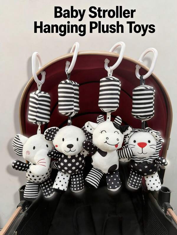 1pc Baby Stroller Hanging Plush Wind Chime Doll, Black & White Color Soft Rattle Doll With Bell, Crinkle Paper, Visual Stimulation Doll, Newborn Baby Gift