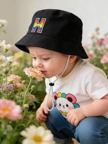 1pc Baby Letter A-Z Design Bucket Hat, Unisex Outdoor Sun Protection Cap, Children Panama Hat Accessory - Black - View 4