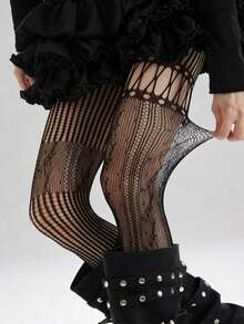 1双不对称镂空渔网袜，性感叛逆少女风黑色透明紧身裤，搭配修身裤，复古美式颓废哥特朋克千禧年性感甜美风 - 彩色 - 查看 8