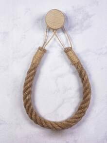 No Drill Solid Wood Hanging Hook, Rope Crafted Toilet Paper Holder, Bathroom Tissue Roll Storage Rack, Woven Towel Rack - Khaki - View 3